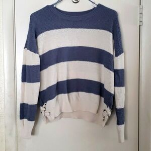 Pink Republic Blue/White Striped Ragland Sleeve Sweater Lace-up Hem Details SZ L